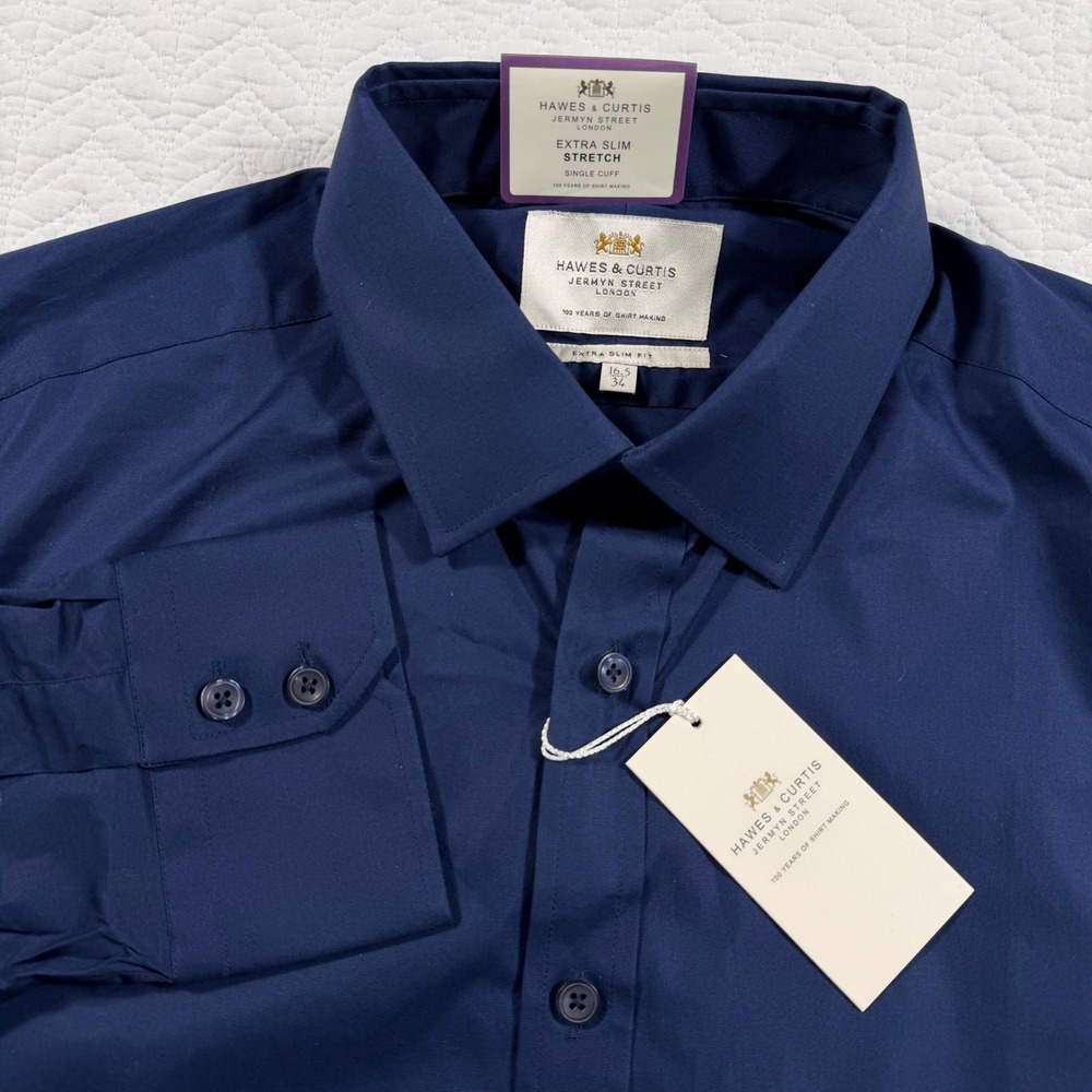 Hawes & Curtis Jermyn Street London  Dress Shirt Navy Extra Slim Stretch 16.5 34